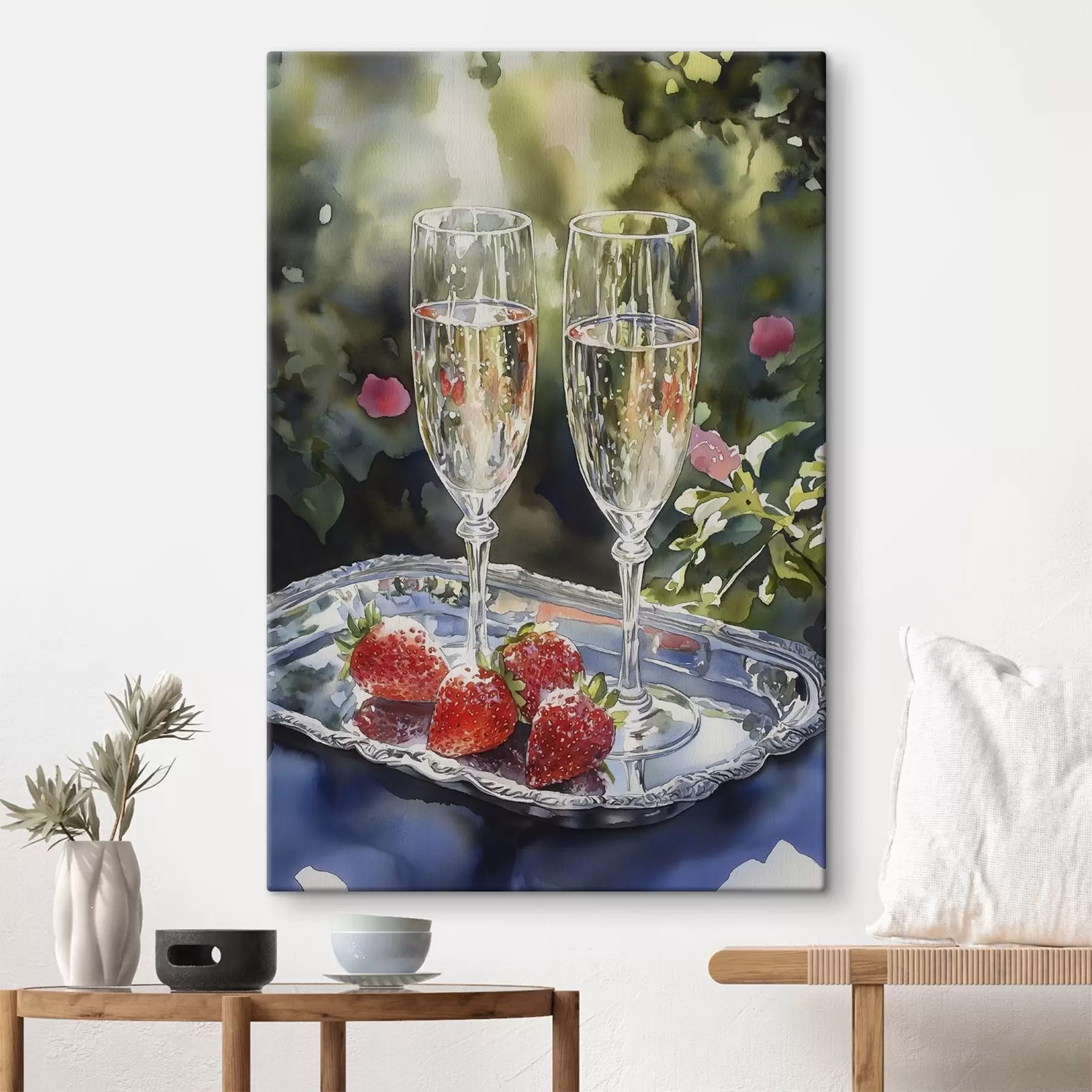 Wandbilder Festliche und prickelnde Sektgläser mit Erdbeeren auf dem Tablett s43057