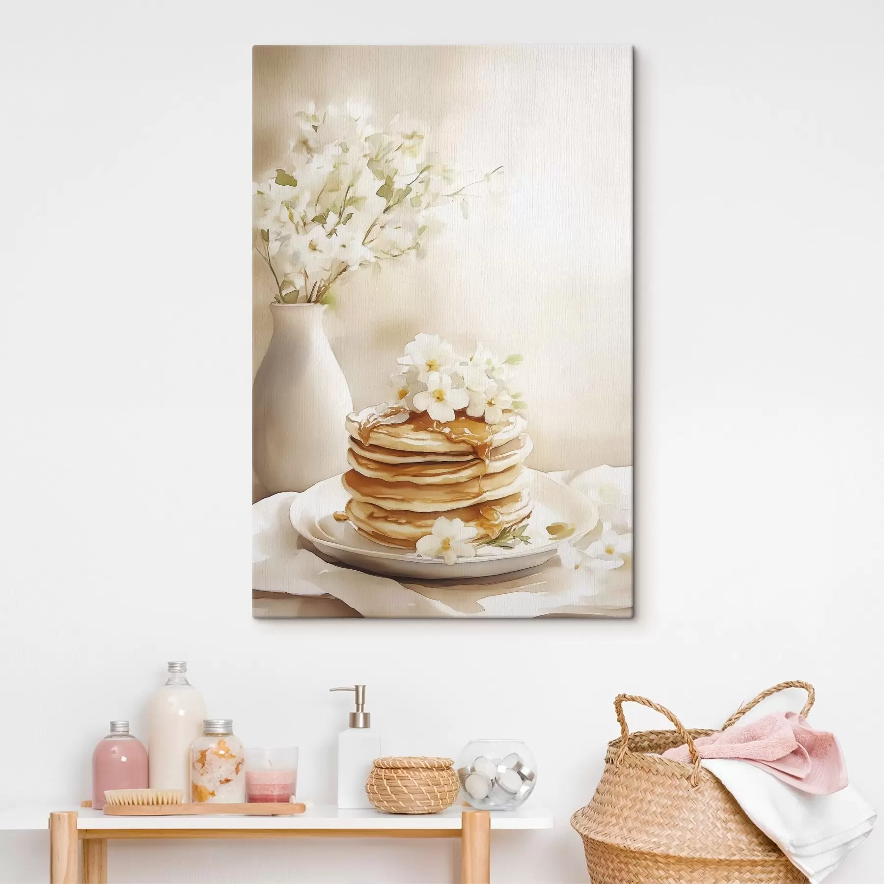 Wandbilder Pfannkuchen mit Erdnussbutter, weiße Blumen, Zeichnung im Aquarellstil s43065