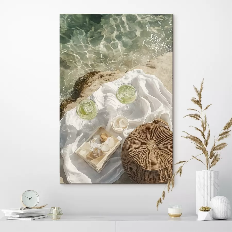 Wandbilder Sommerästhetik, Meereswellen, Strand, Cocktails, Aquarellstil s43069