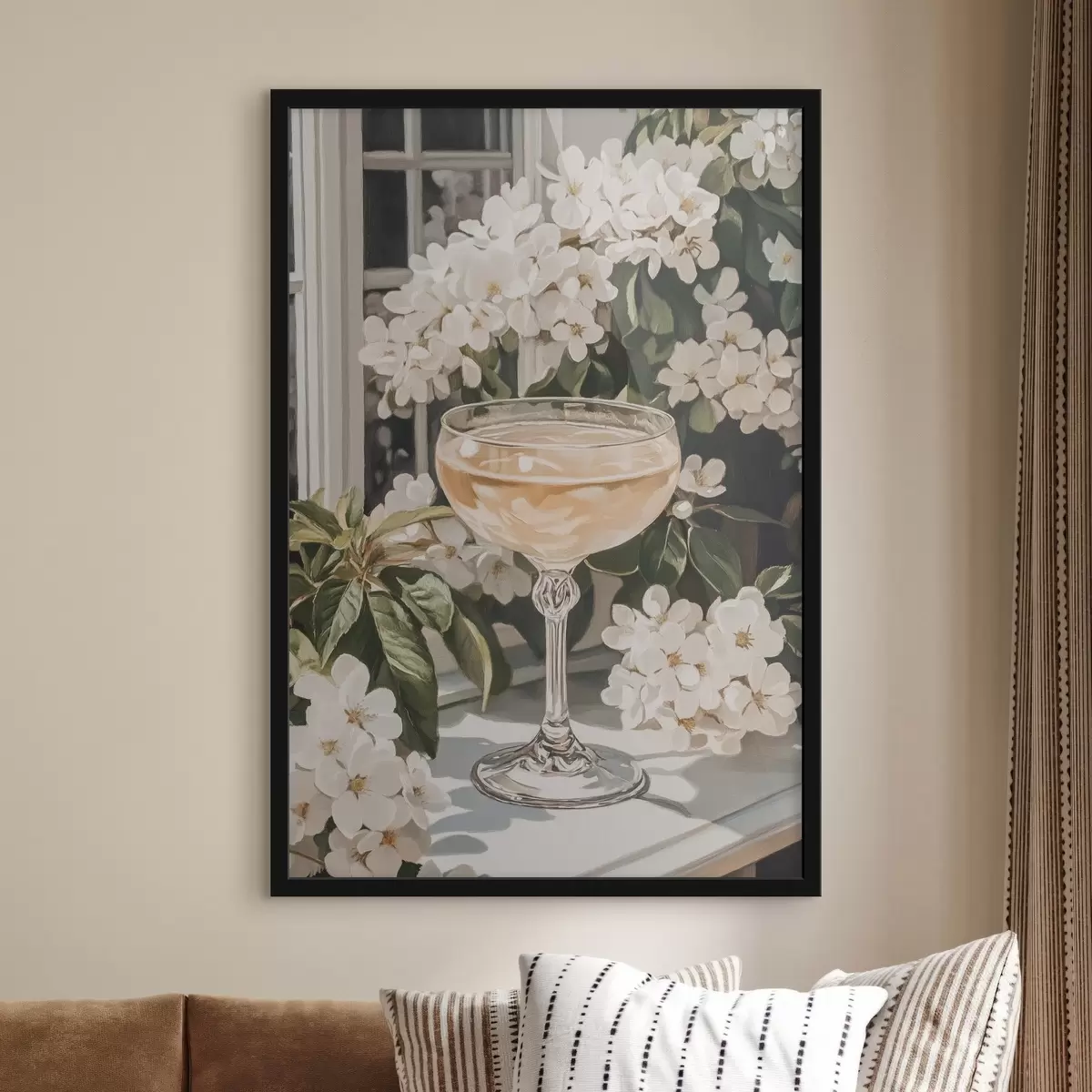 Poster Glas Champagner, Vintage, Aquarellstil, weiße Blumen f43051
