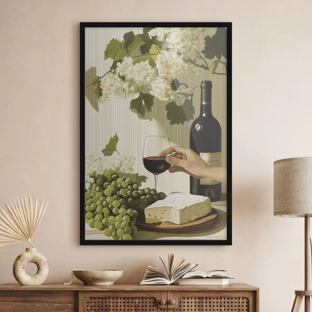 Poster Weintrauben mit Käse, Flasche Wein, Vintage-Stil, weiße Blumen f43052