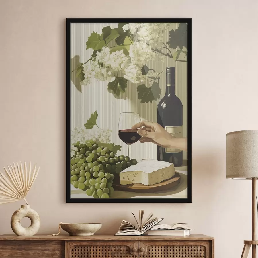 Fototapete Weintrauben mit Käse, Flasche Wein, Vintage-Stil, weiße Blumen f43052