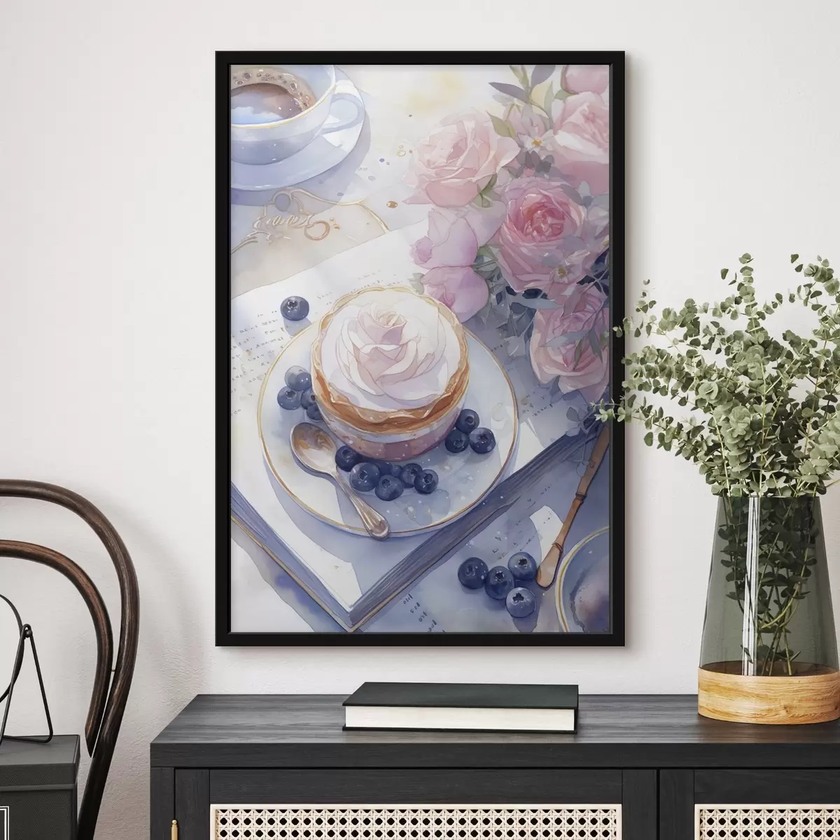Poster Blaubeer-Cupcake, Boho-Stil, Aquarell, rosa Rosen, poetisch f43053