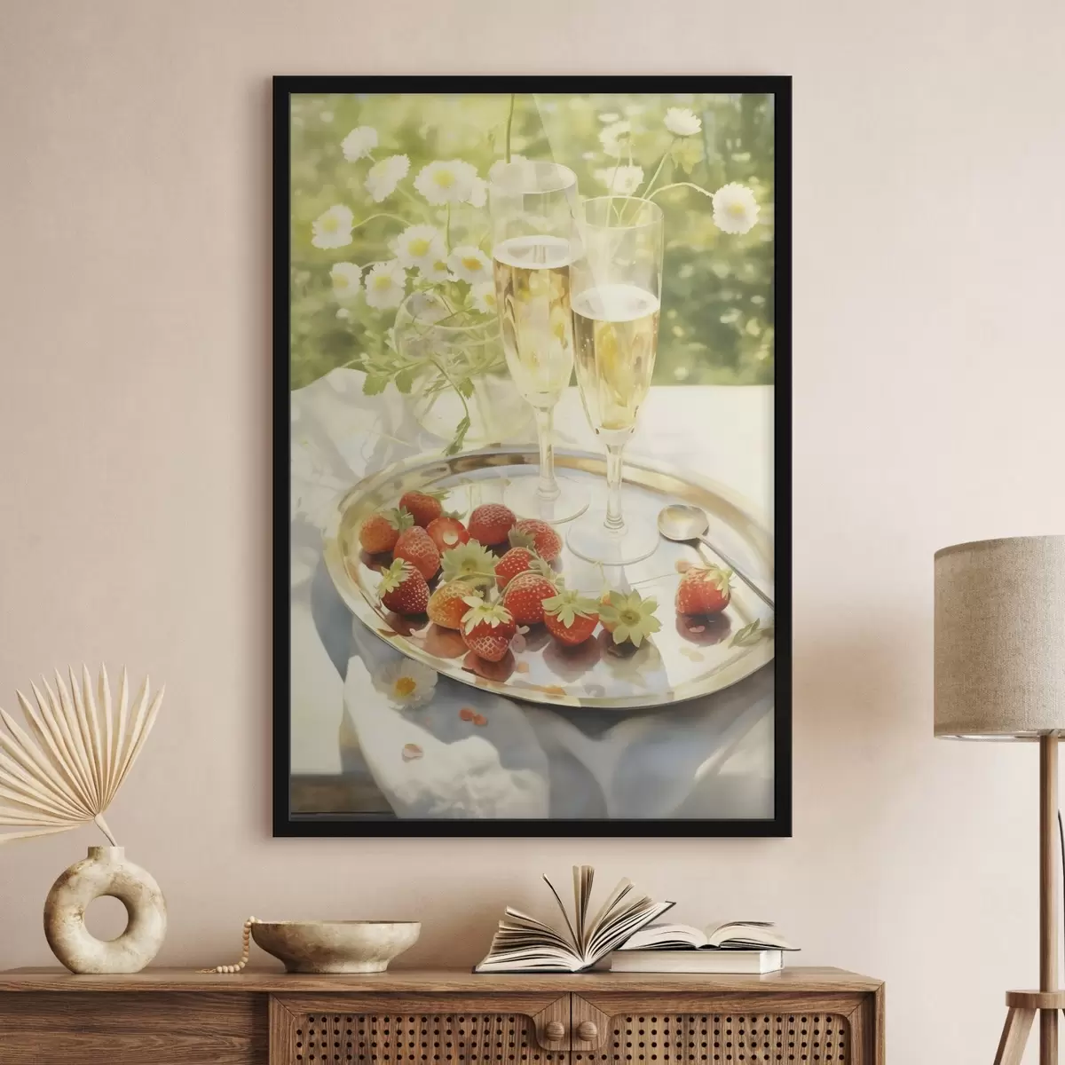 Poster Champagnergläser mit Erdbeeren auf dem Tablett, Kamillenblüten, Sommer f43054