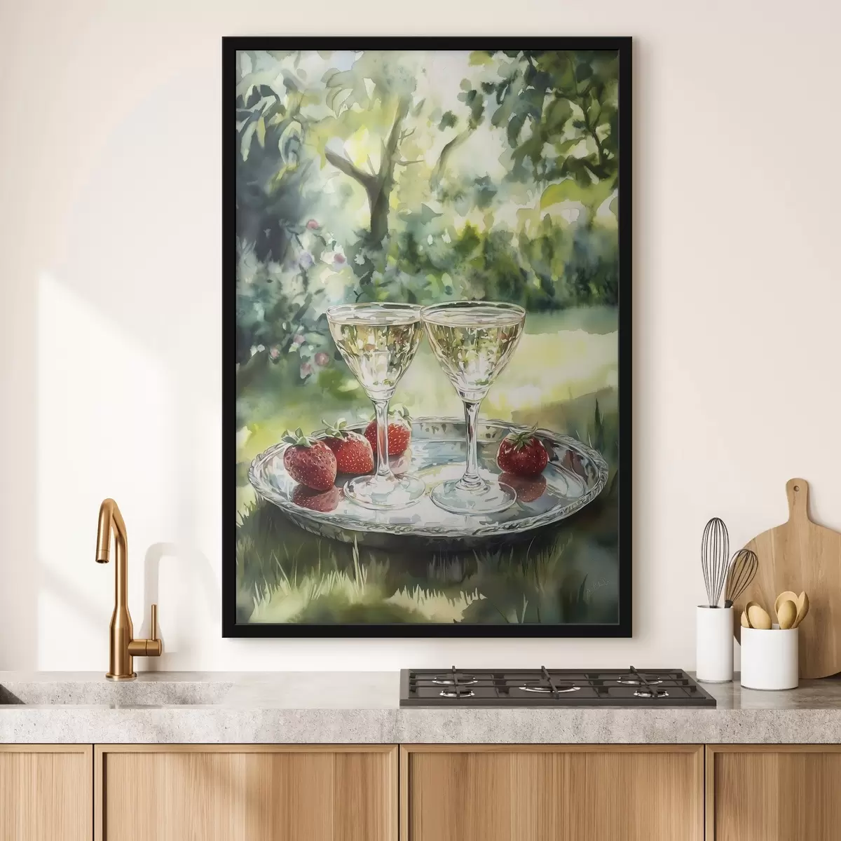 Poster Sommerpicknick mit Sekt und Erdbeeren, Aquarellstilzeichnung f43055