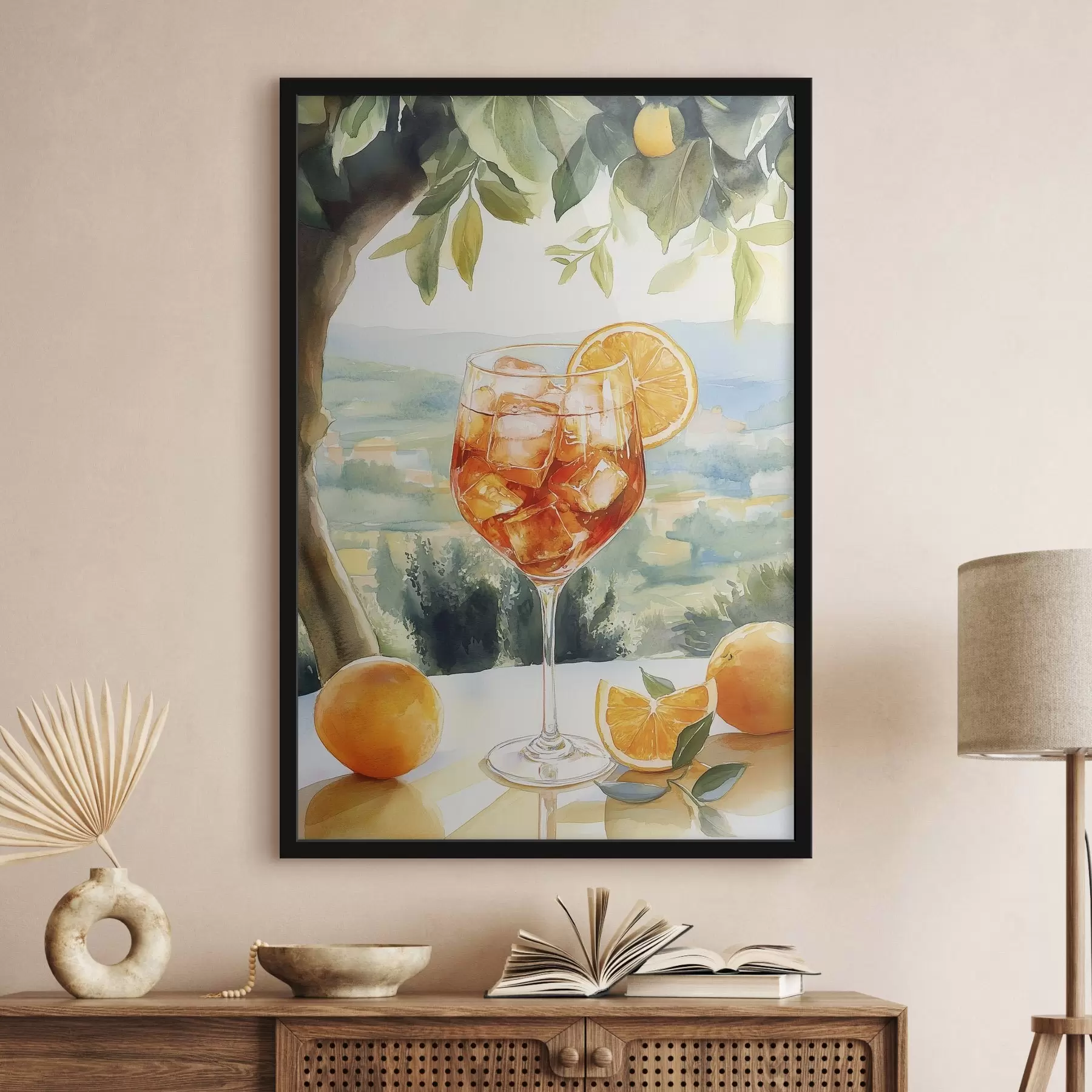 Fototapete Sommercocktail, Aperol Spritz, Orangen, Zeichnung im Aquarellstil f43058
