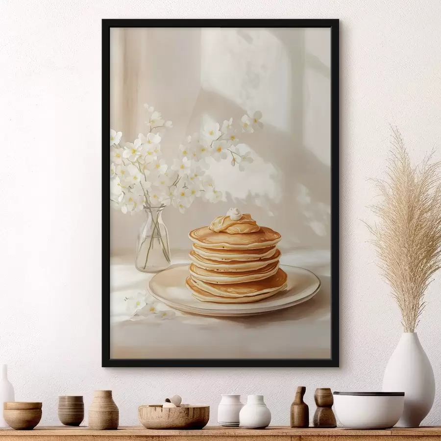 Fototapete Leckere Pfannkuchen mit Erdnussbutter, Aquarellstil, Vase mit weißen Blumen f43063