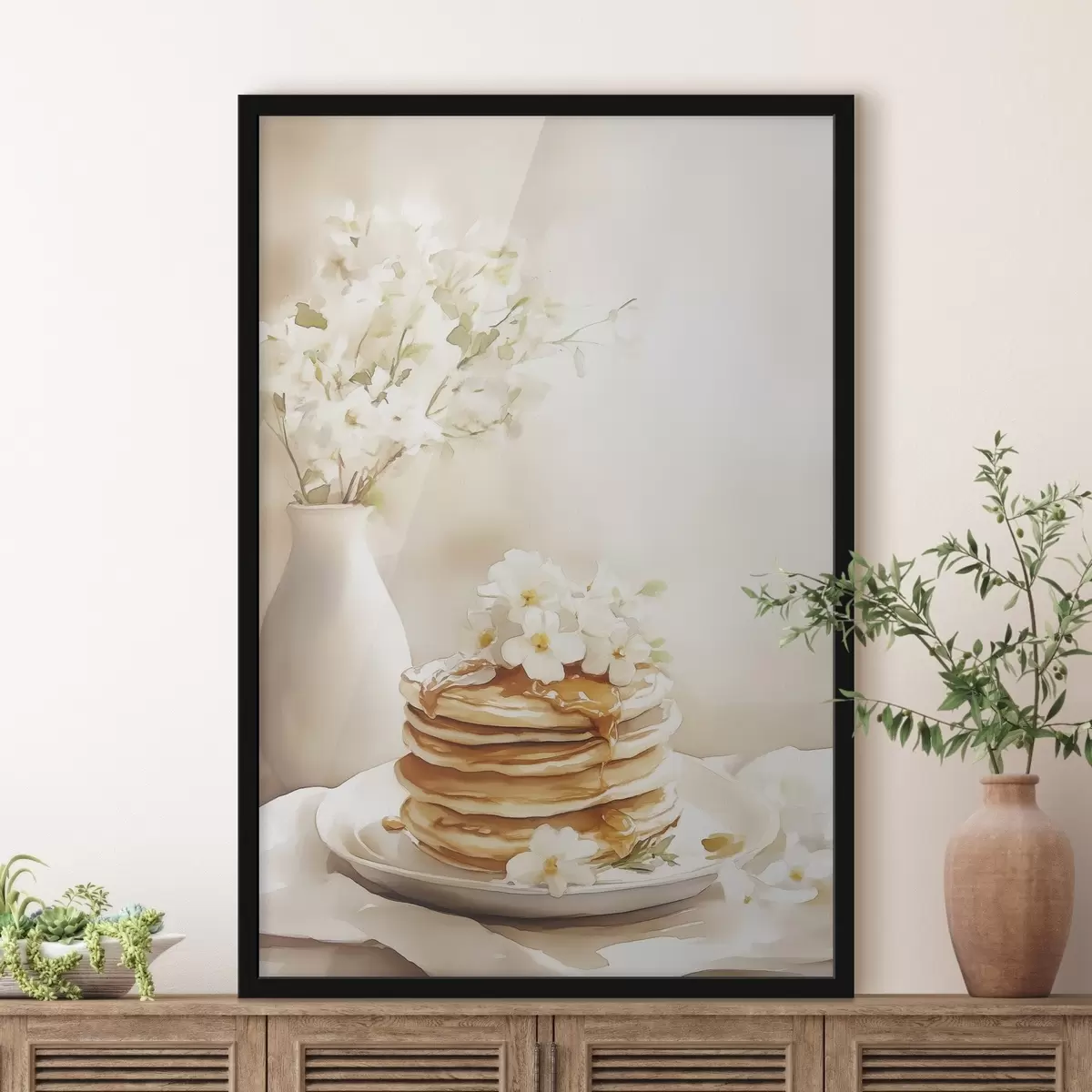 Poster Pfannkuchen mit Erdnussbutter, weiße Blumen, Zeichnung im Aquarellstil f43065