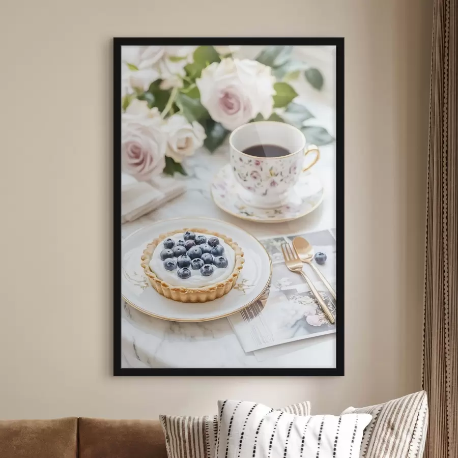 Fototapete Blaubeer-Cupcake mit Tasse Tee, Boho-Stil, rosa Rosen f43066