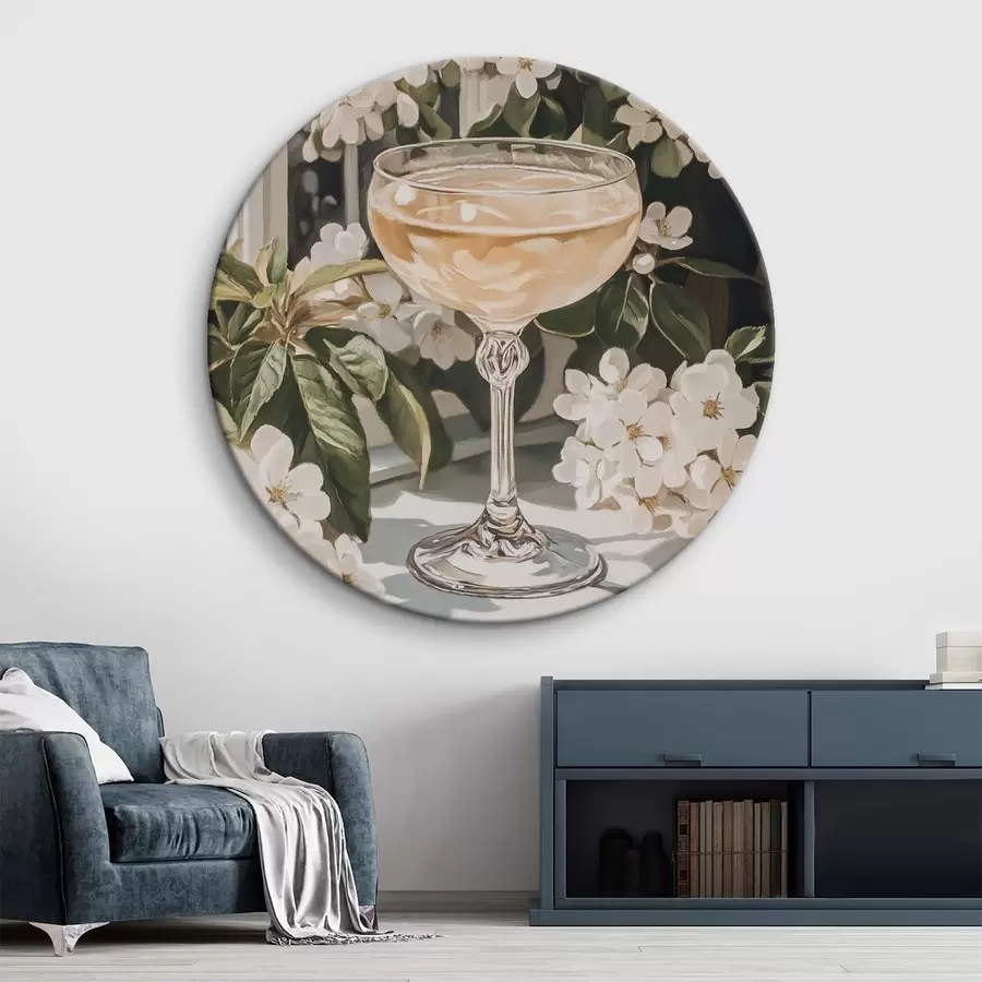 Wandbilder Glas Champagner, Vintage, Aquarellstil, weiße Blumen r43051