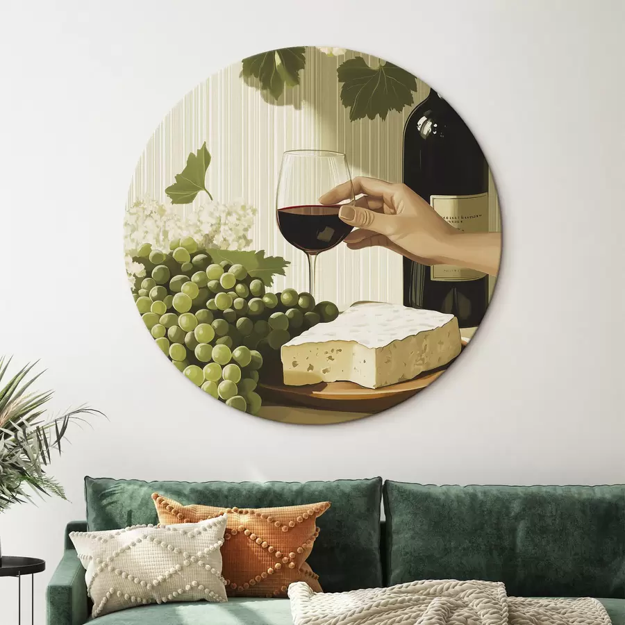 Wandbilder Weintrauben mit Käse, Flasche Wein, Vintage-Stil, weiße Blumen r43052