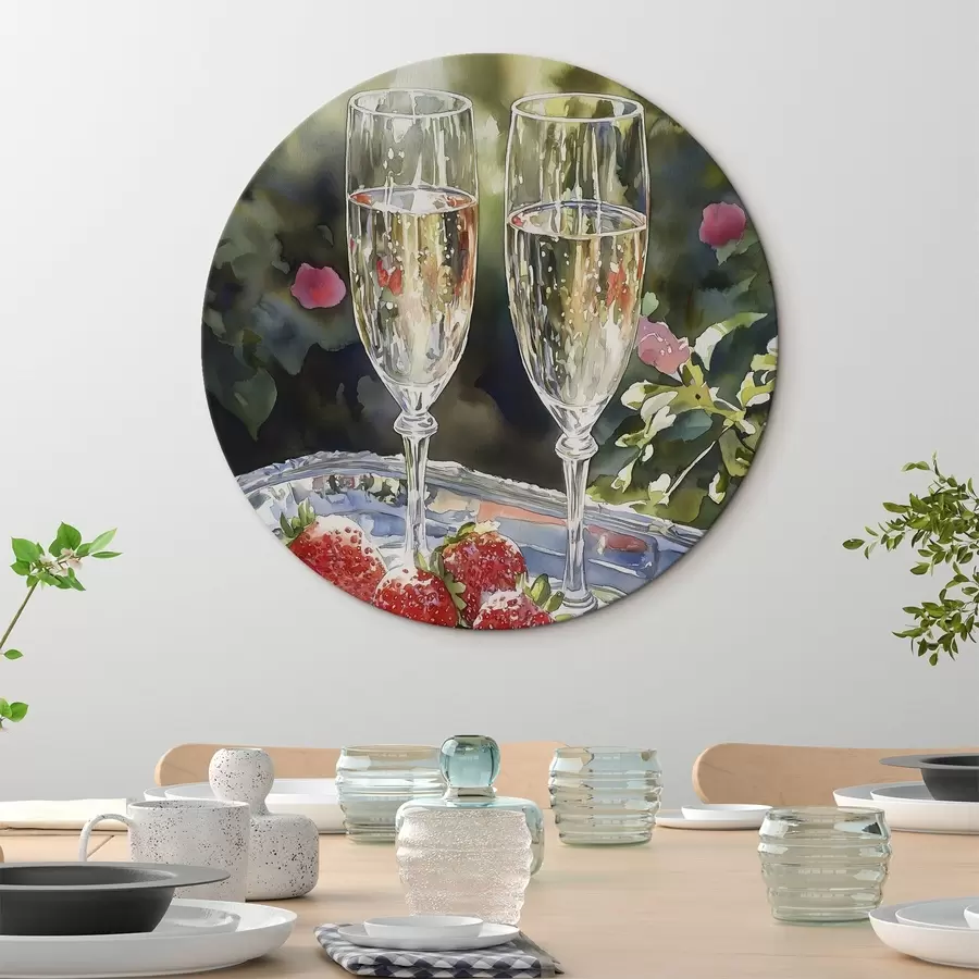 Wandbilder Festliche und prickelnde Sektgläser mit Erdbeeren auf dem Tablett r43057