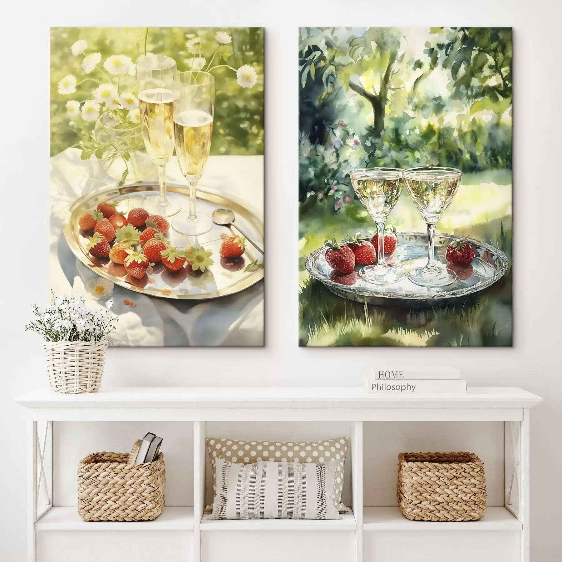 Wandbilder Sommerpicknick, Sektgläser mit Erdbeeren auf dem Tablett, Kamillenblüten m00414