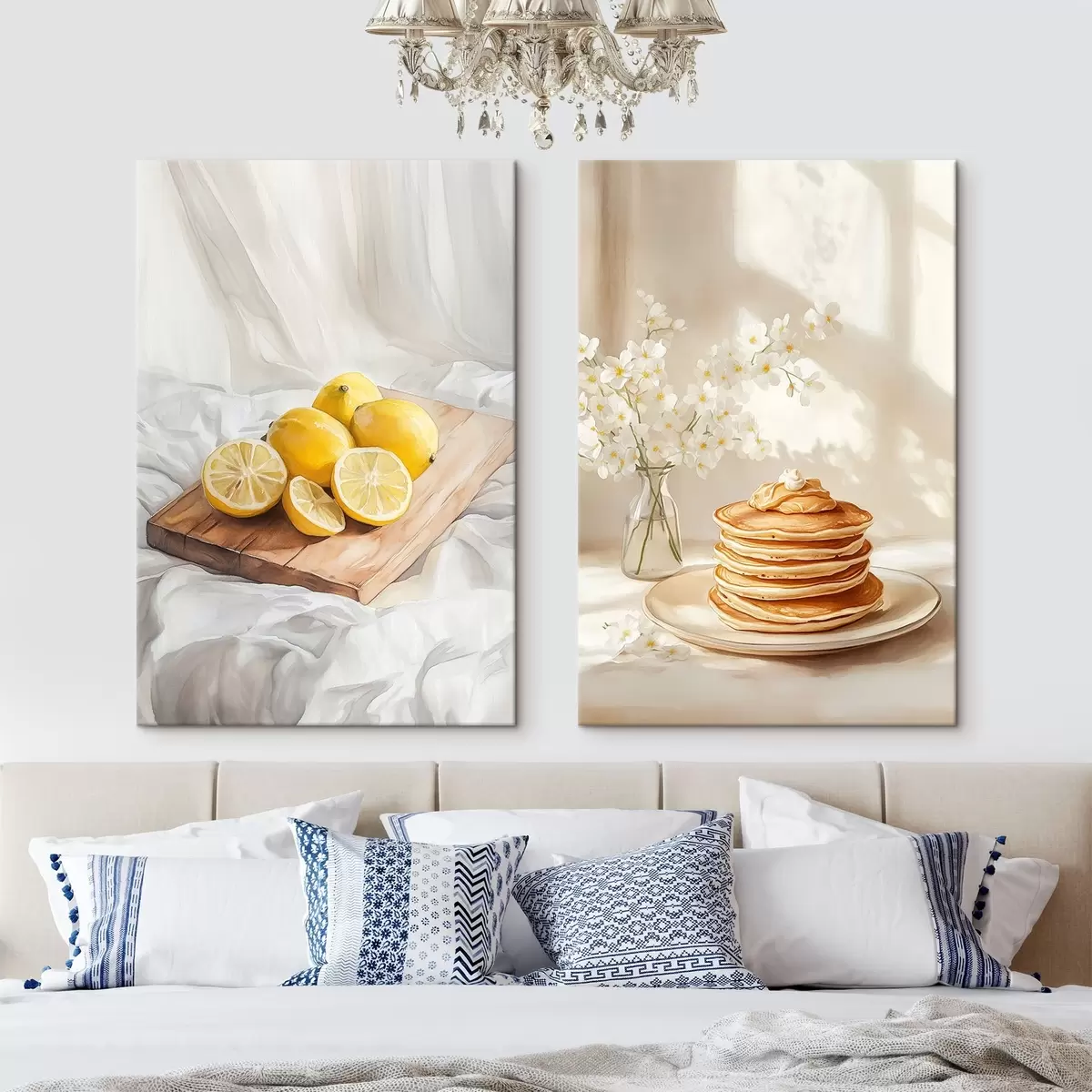 Wandbilder Pfannkuchen mit Erdnussbutter, Zitronen auf dem Holzbrett, Aquarellstil m00416