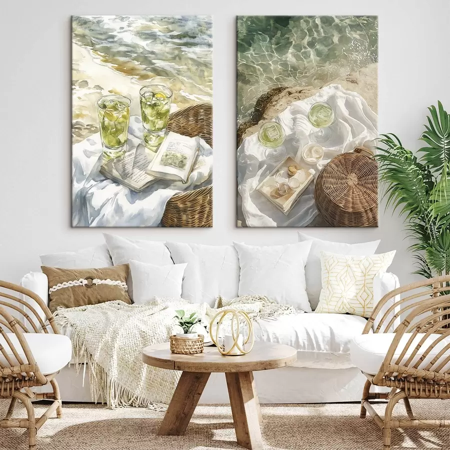 Wandbilder Cocktails am Strand, Aquarell-Stil Zeichnung, Meer, Sommer-Picknick m00417