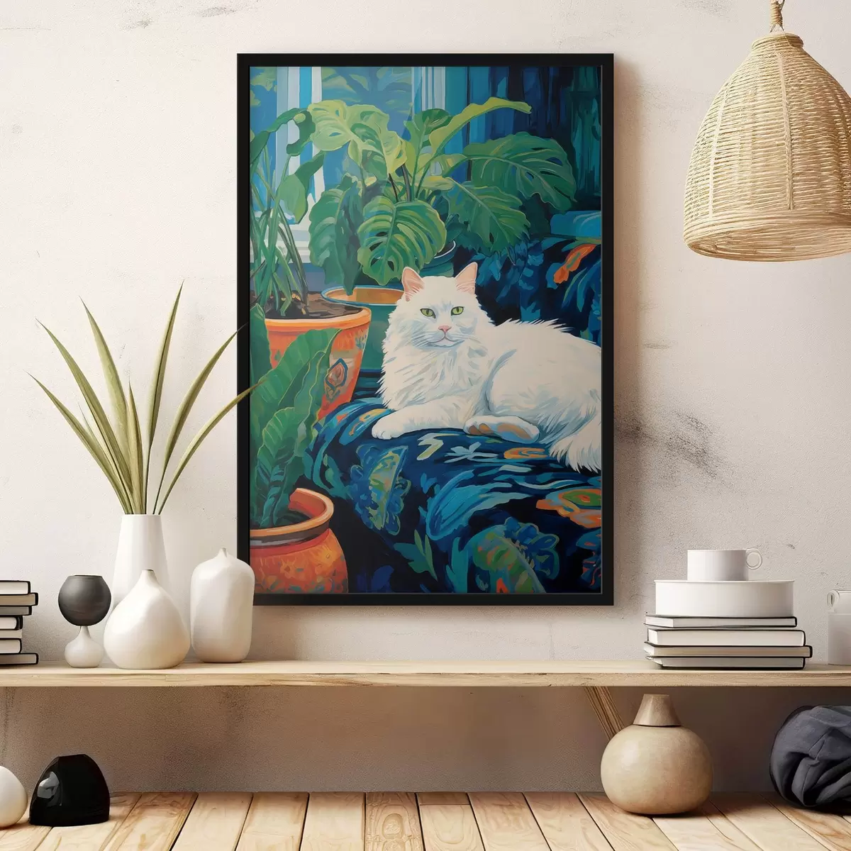 Poster Eine weiße Katze inmitten von üppigem Grün und Keramikgefäßen f43131