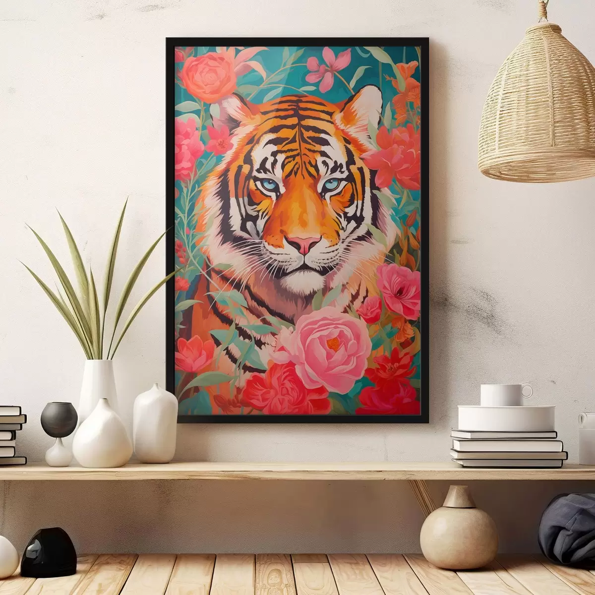 Poster Der hypnotisierende Blick eines Tigers inmitten von leuchtenden Rosen f43132