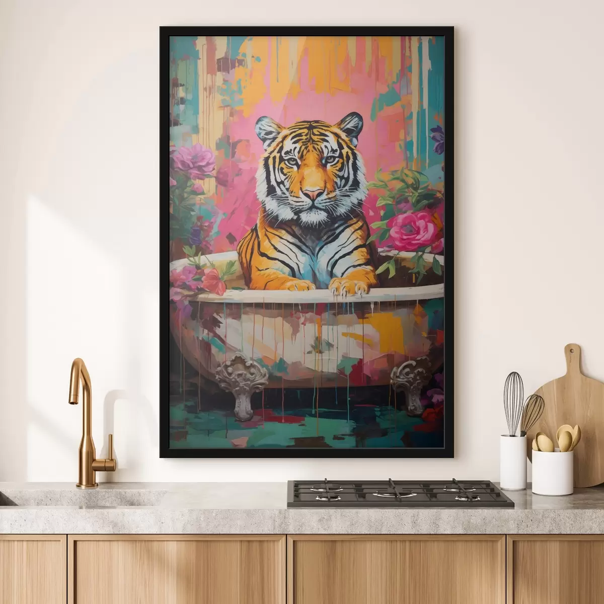Poster Ein abstrakter Tiger in einer Badewanne, umgeben von leuchtenden Blumen f43134