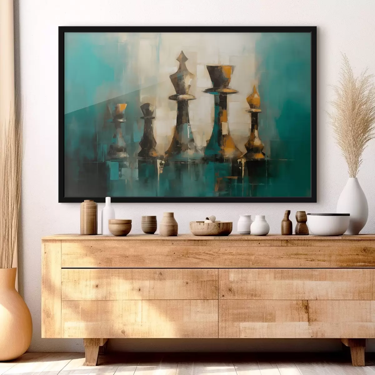 Poster Eine abstrakte malerische Komposition von Schachfiguren in Schattierungen f43137