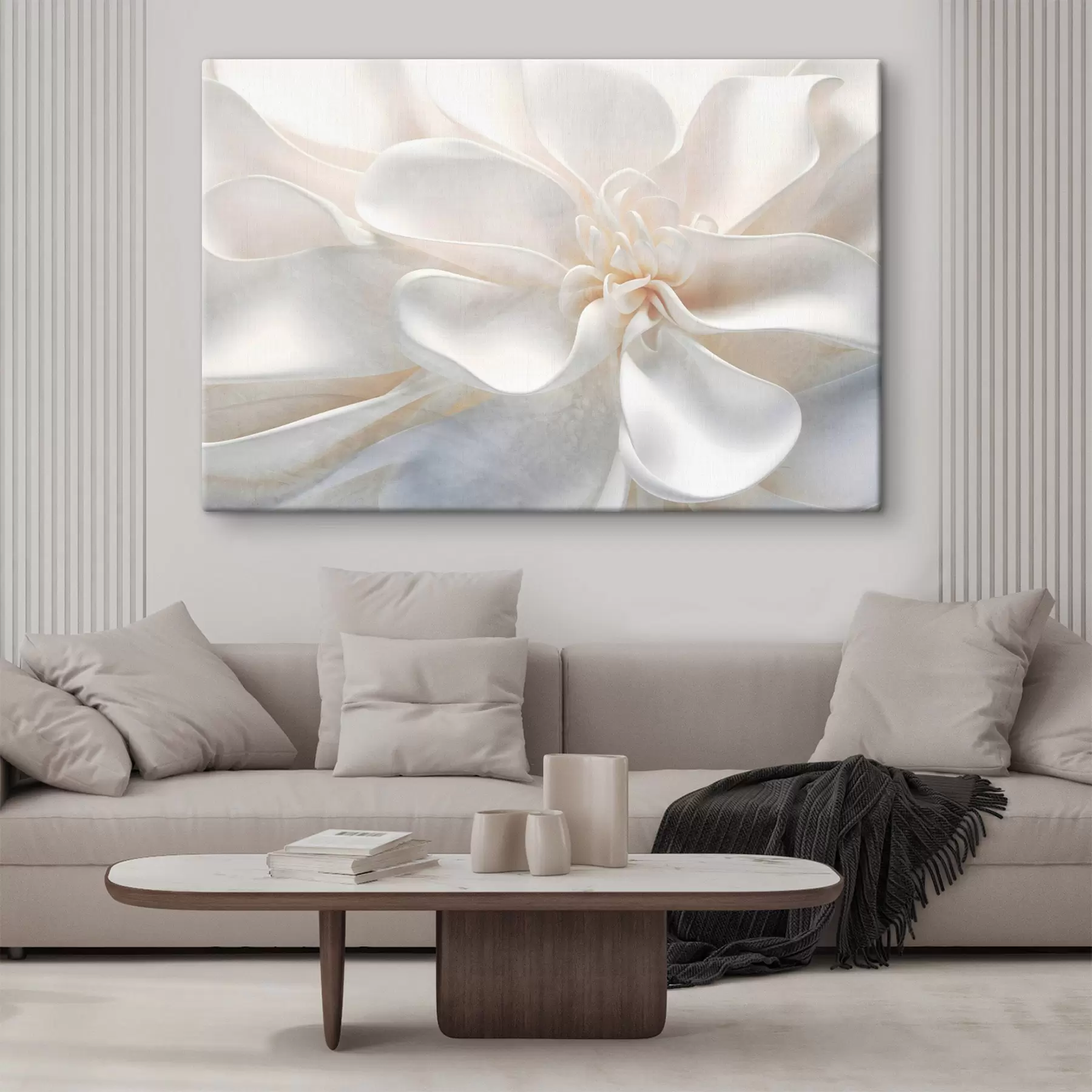 Fototapete Nahaufnahme einer lauten texturierten weißen abstrakten Blume mit zarten Blütenblättern in Pastellfarben s43161