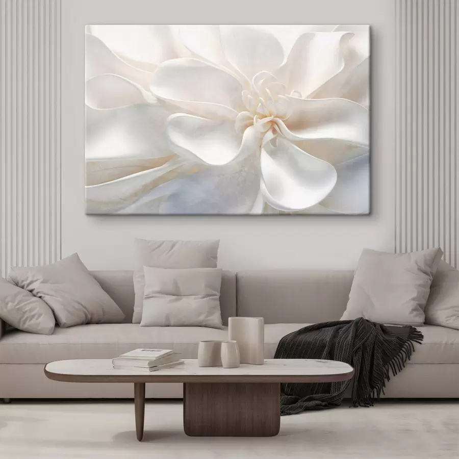 Wandbilder Nahaufnahme einer lauten texturierten weißen abstrakten Blume mit zarten Blütenblättern in Pastellfarben s43161