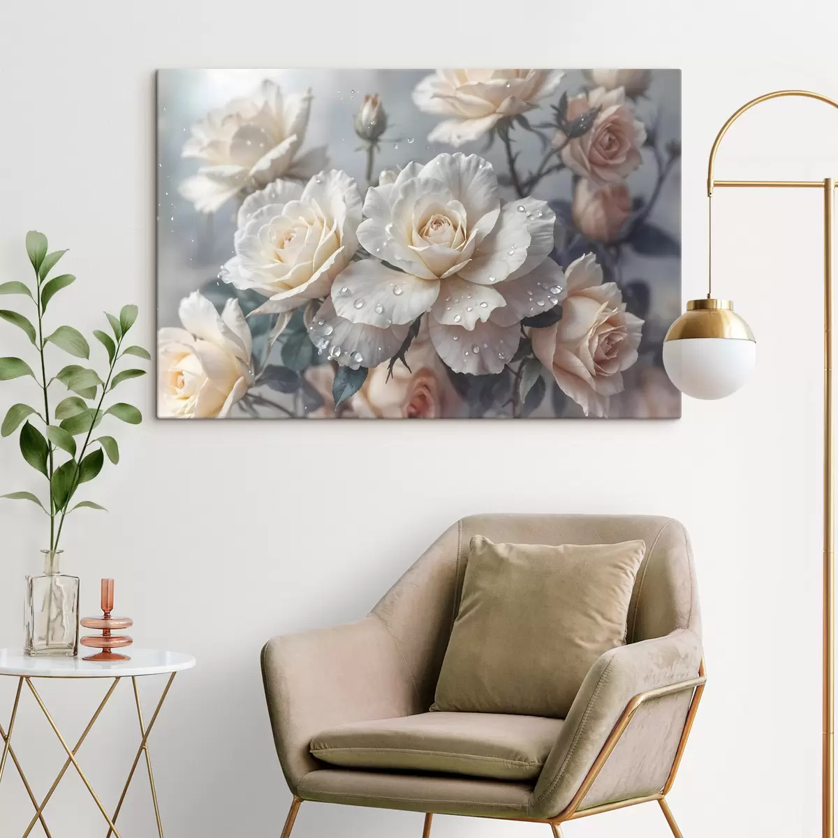 Wandbilder Eine Gruppe von weißen Rosen mit Wassertropfen auf den Blütenblättern, einige grüne Blätter, gedämpfter Hintergrund, weiches Licht s43163