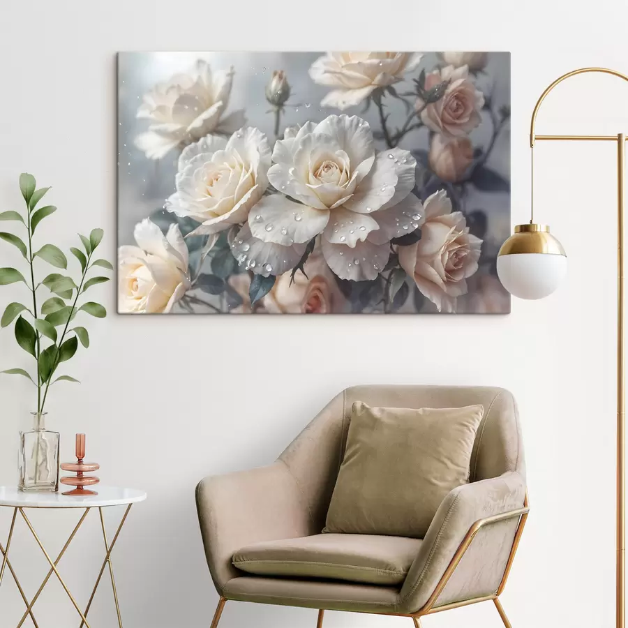 Wandbilder Eine Gruppe von weißen Rosen mit Wassertropfen auf den Blütenblättern, einige grüne Blätter, gedämpfter Hintergrund, weiches Licht s43163