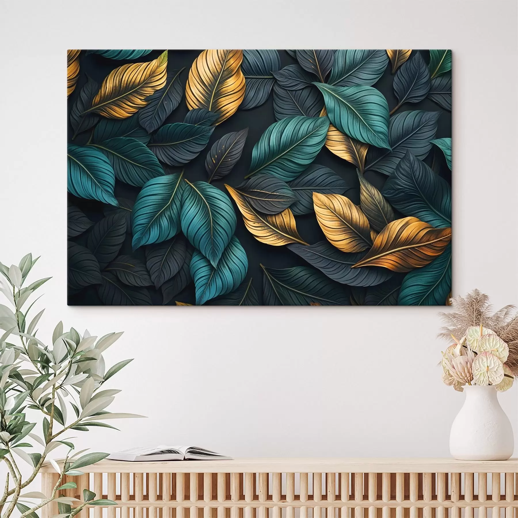 Fototapete Dunkelgrüne, gelbe und schwarze Blätter mit dunklen Adern, auf dunklem Hintergrund, elegante tropische Stimmung s43164