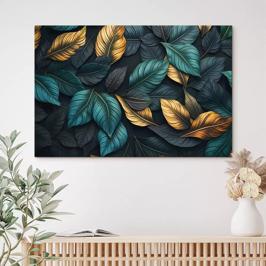 Wandbilder Dunkelgrüne, gelbe und schwarze Blätter mit dunklen Adern, auf dunklem Hintergrund, elegante tropische Stimmung s43164