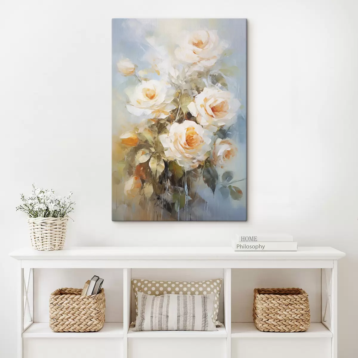 Wandbilder Weiße Rosen mit Orange, vor einem weichen, hellblauen Hintergrund, mit sichtbaren Pinselstrichen und einem malerischen Stil s43175