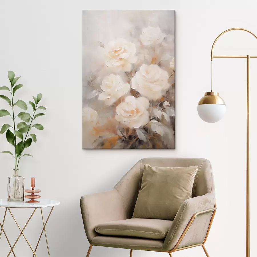 Wandbilder Weiße Rosen mit zarten Blütenblättern, mit einem Hintergrund aus gedeckten Farben und verschwommenen Formen, die einen verträumten Effekt erzeugen s43177