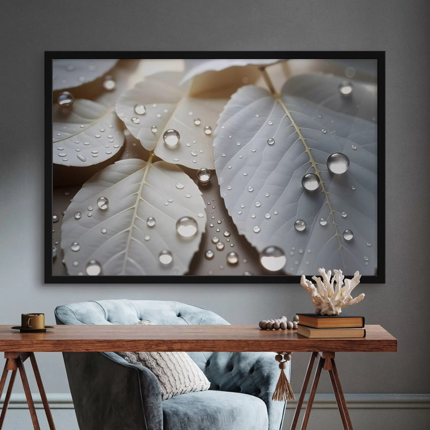 Fototapete Nahaufnahme von weißen Blättern, die mit Wassertropfen bedeckt sind, eine minimalistische Komposition, neutraler Hintergrund f43159