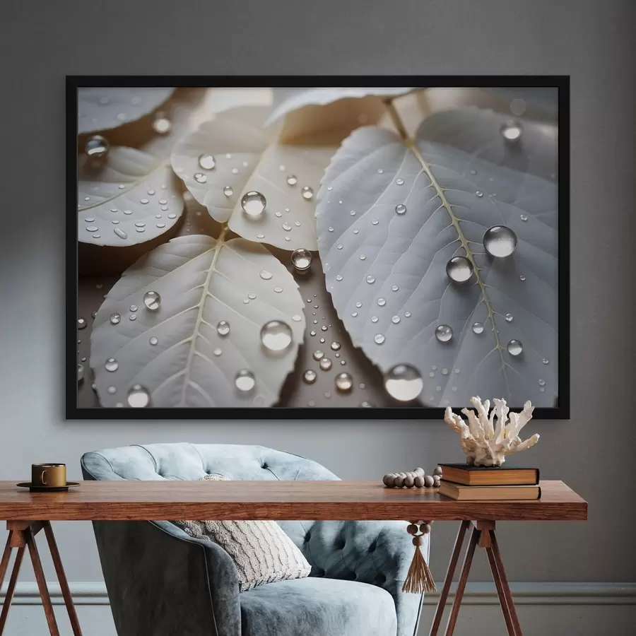 Fototapete Nahaufnahme von weißen Blättern, die mit Wassertropfen bedeckt sind, eine minimalistische Komposition, neutraler Hintergrund f43159