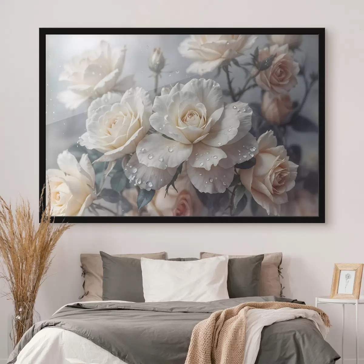 Poster Eine Gruppe von weißen Rosen mit Wassertropfen auf den Blütenblättern, einige grüne Blätter, gedämpfter Hintergrund, weiches Licht f43163