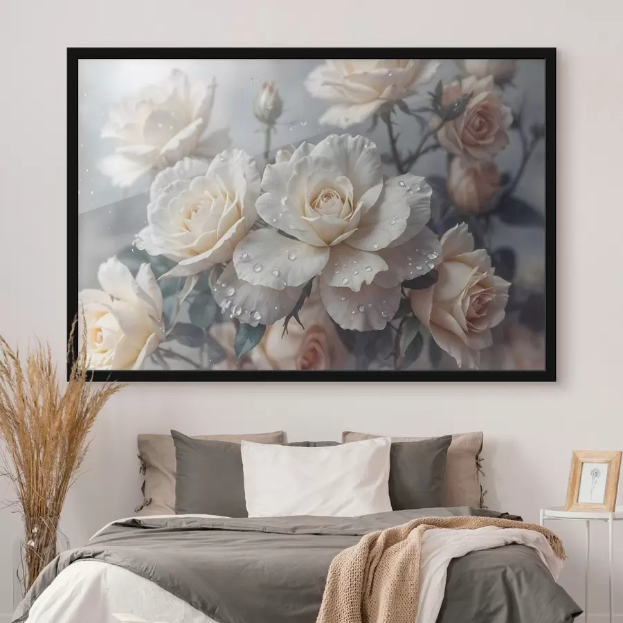 Fototapete Eine Gruppe von weißen Rosen mit Wassertropfen auf den Blütenblättern, einige grüne Blätter, gedämpfter Hintergrund, weiches Licht f43163