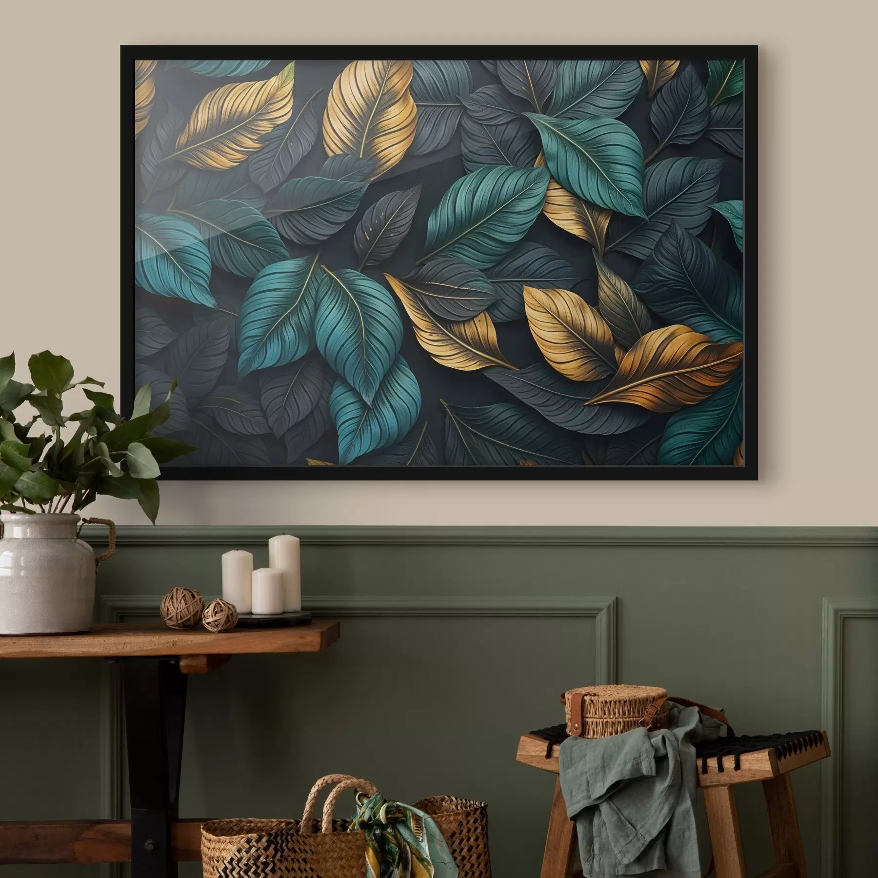 Wandbilder Dunkelgrüne, gelbe und schwarze Blätter mit dunklen Adern, auf dunklem Hintergrund, elegante tropische Stimmung f43164