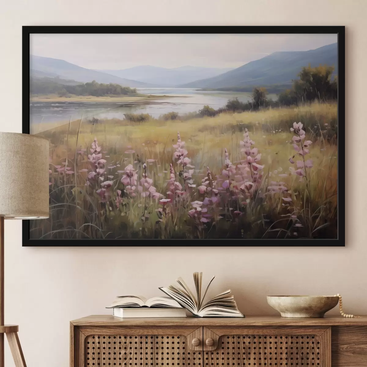 Poster Eine Landschaft mit einem Feld von rosa Blumen, einem See und Bergen im Hintergrund, unter einem bewölkten Himmel f43165