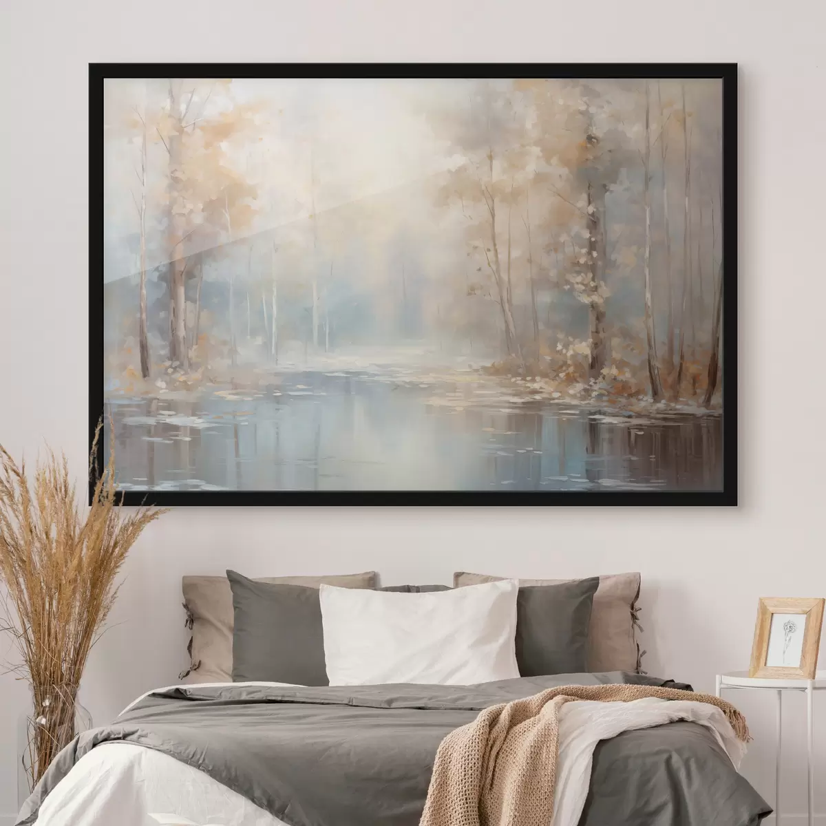 Poster Landschaft Ölgemälde Nachahmung eines ruhigen Flusses reflektiert das weiche Licht, umgeben von Herbstbäumen f43167