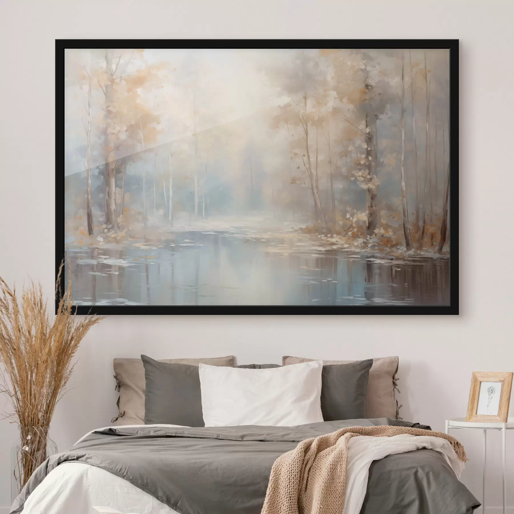 Fototapete Landschaft Ölgemälde Nachahmung eines ruhigen Flusses reflektiert das weiche Licht, umgeben von Herbstbäumen f43167