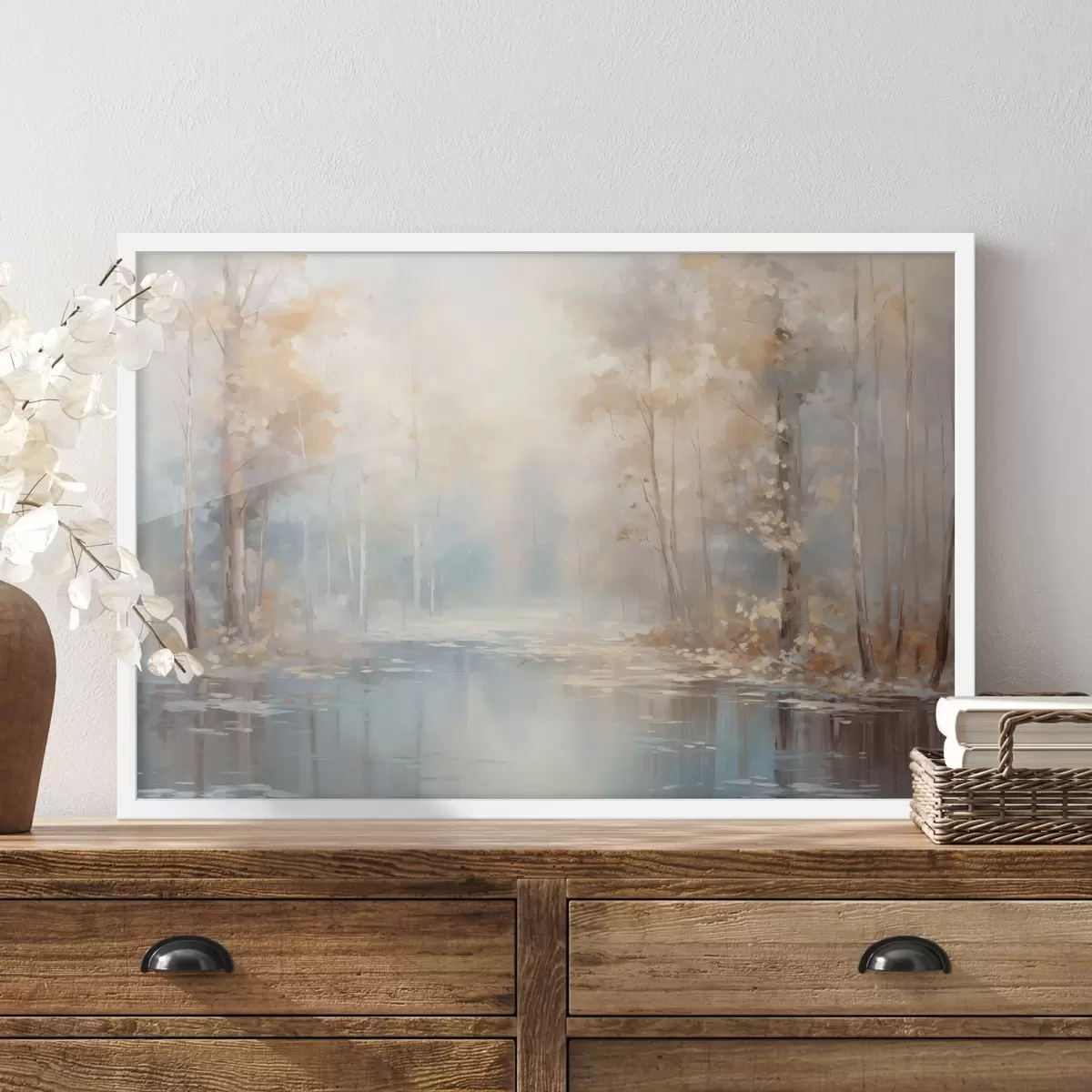 Poster Landschaft Ölgemälde Nachahmung eines ruhigen Flusses reflektiert das weiche Licht, umgeben von Herbstbäumen f43167