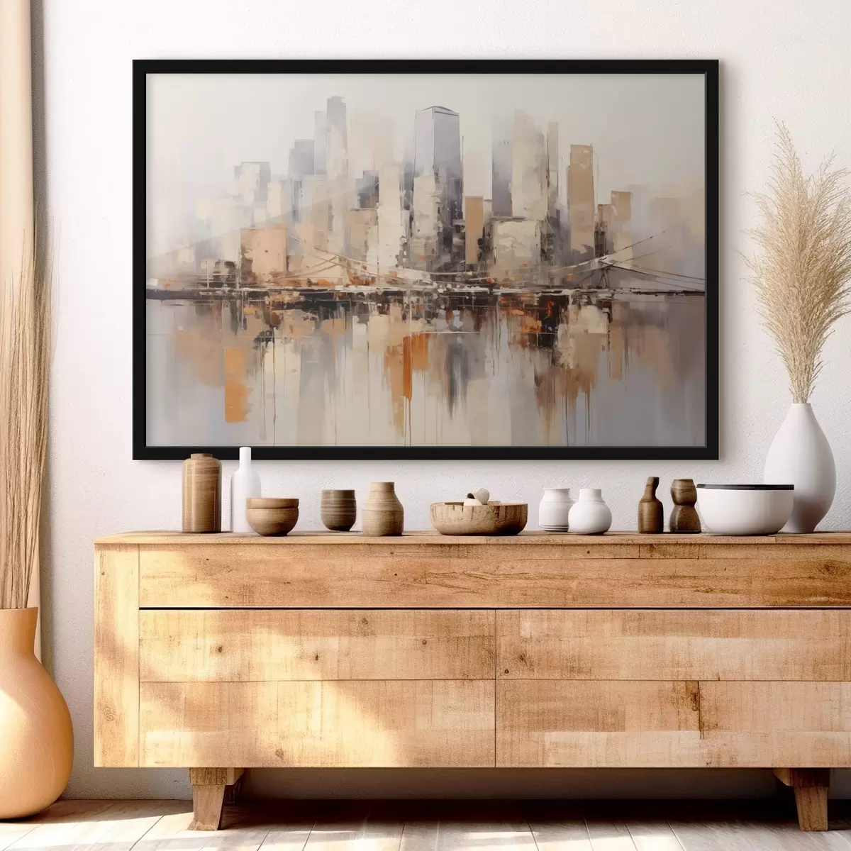 Poster Abstraktes Gemälde einer Stadtlandschaft mit hohen Gebäuden in Braun-, Grau- und Weißtönen, die sich im Wasser spiegeln f43168