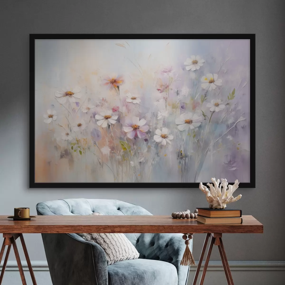 Poster Abstraktes, strukturiertes Feld mit weißen und rosa Blumen, weiche Pastellfarben, zarte Pinselstriche, Blumenwiese f43170