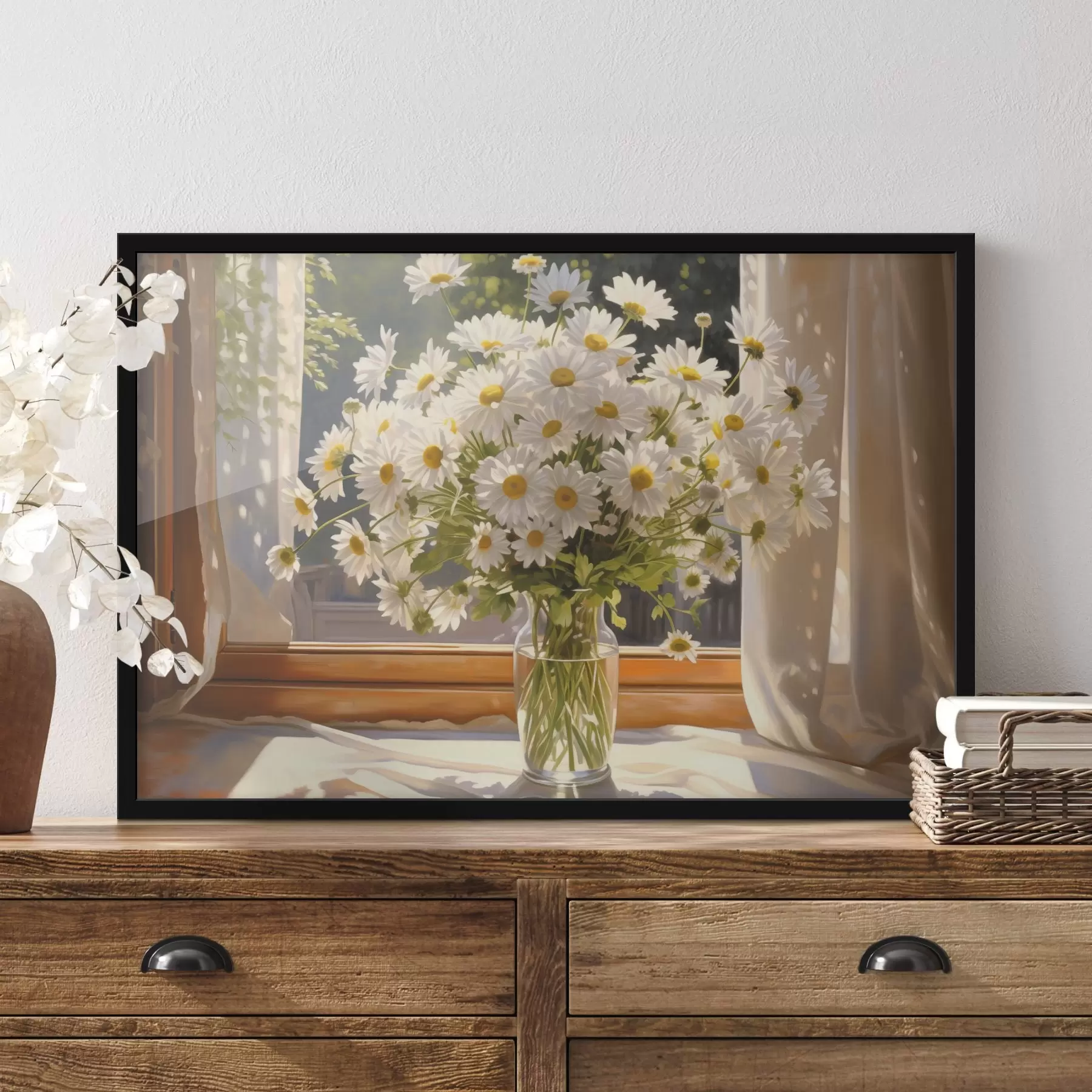 Fototapete Ölgemälde Nachahmung einer Vase mit weißen Gänseblümchen auf einer Fensterbank, sonniger Tag, warme Farben Palette f43171