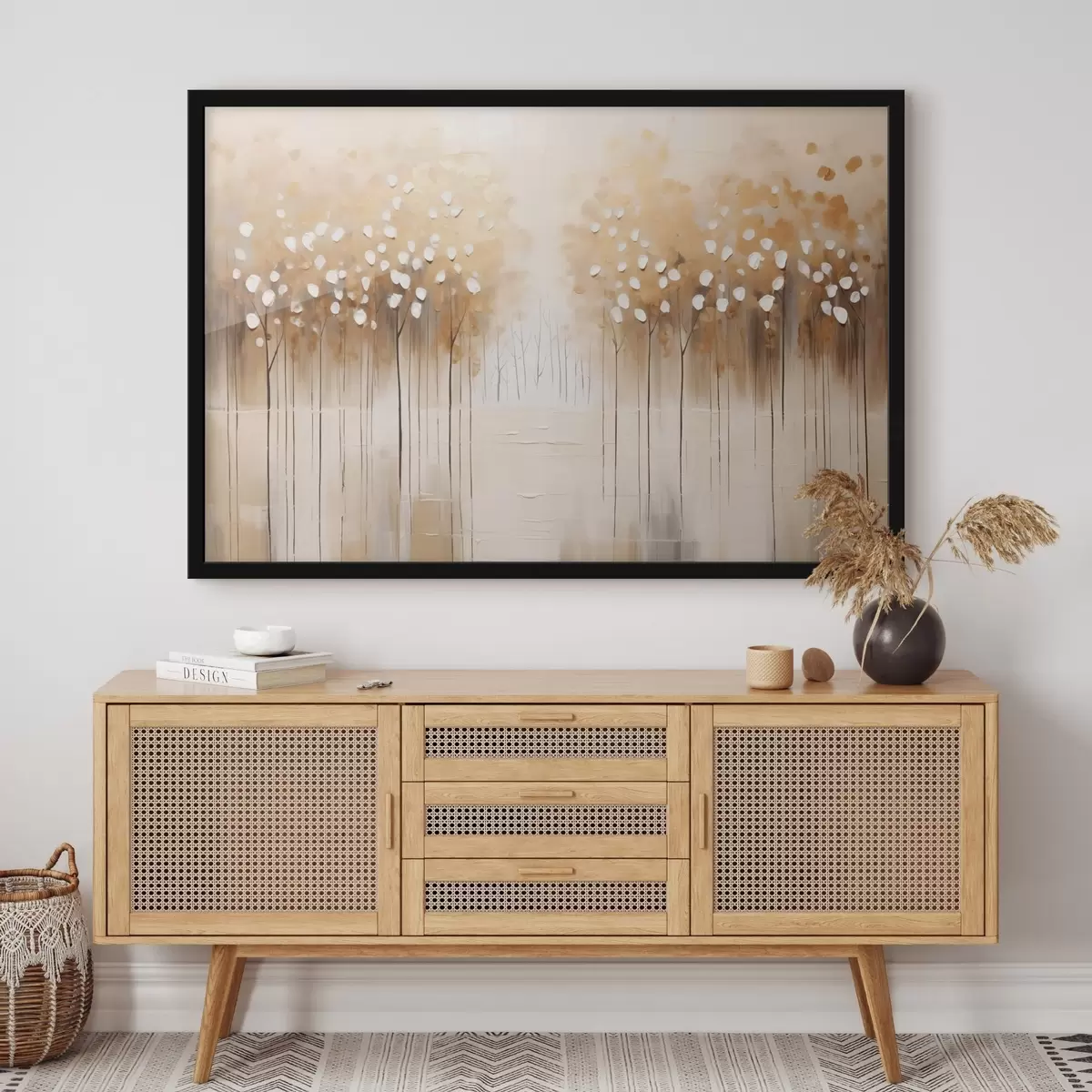 Poster Ölgemälde Nachahmung von braunen Bäumen mit weißen Blättern in einem Wald mit einem Fluss in der Mitte, weißer Hintergrund f43172