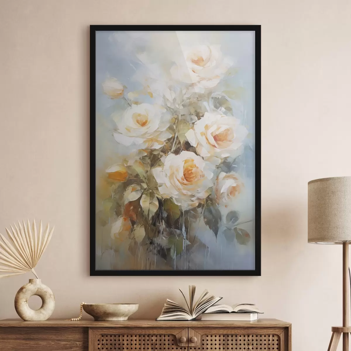 Poster Weiße Rosen mit Orange, vor einem weichen, hellblauen Hintergrund, mit sichtbaren Pinselstrichen und einem malerischen Stil f43175