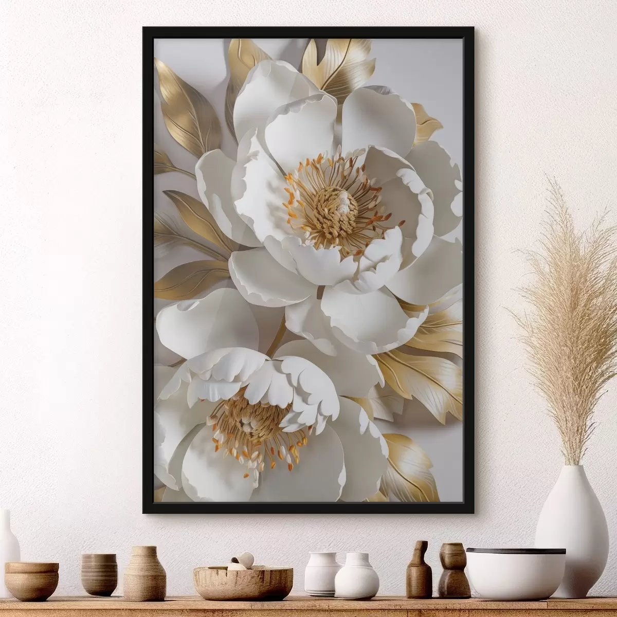 Poster Weiße zarte detaillierte dekorative Pfingstrose Blumen mit gelben Blättern, ist der Hintergrund eine hellgraue Farbe f43176