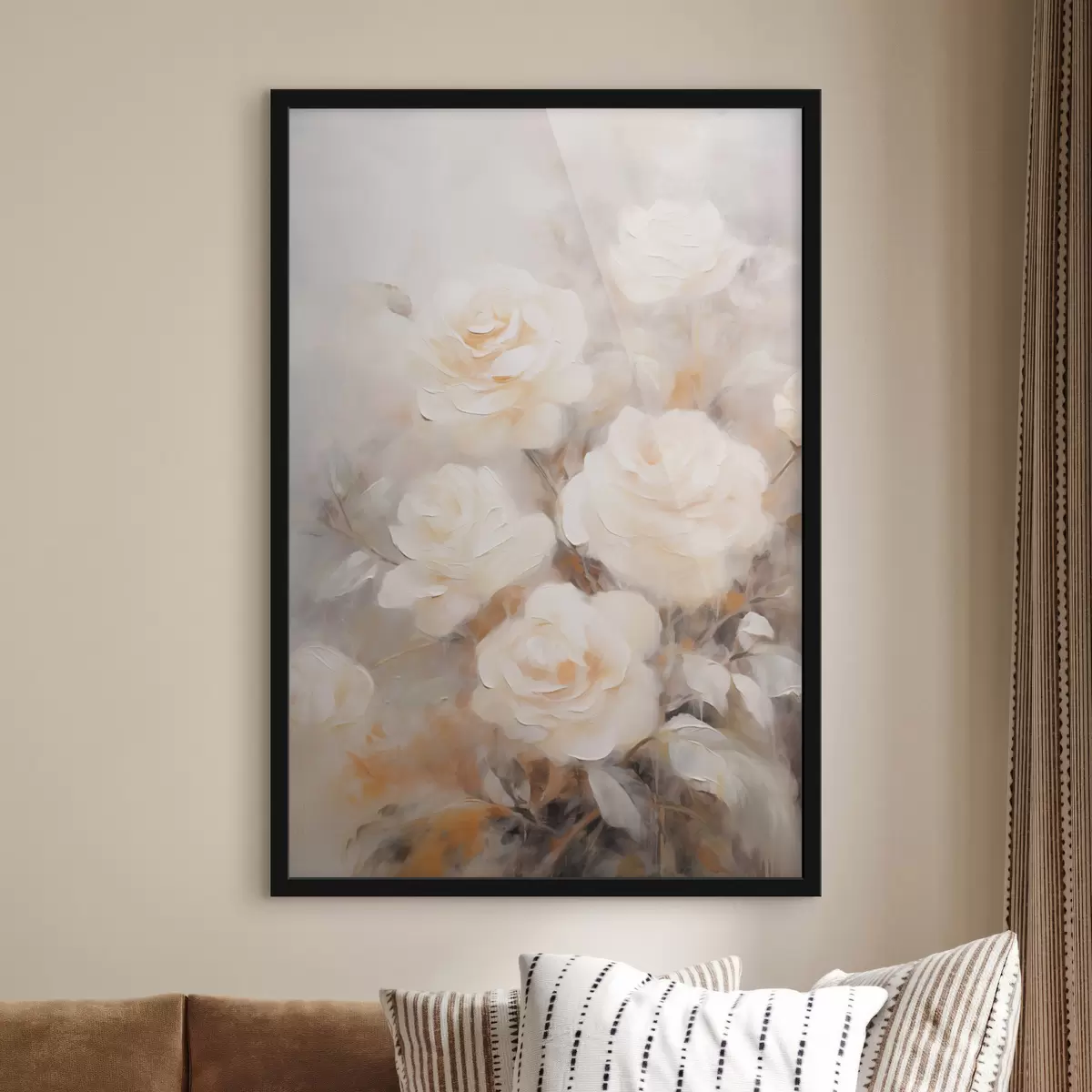 Poster Weiße Rosen mit zarten Blütenblättern, mit einem Hintergrund aus gedeckten Farben und verschwommenen Formen, die einen verträumten Effekt erzeugen f43177