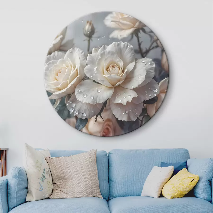 Wandbilder Eine Gruppe von weißen Rosen mit Wassertropfen auf den Blütenblättern, einige grüne Blätter, gedämpfter Hintergrund, weiches Licht r43163