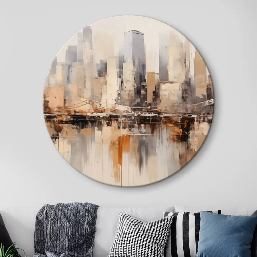 Wandbilder Abstraktes Gemälde einer Stadtlandschaft mit hohen Gebäuden in Braun-, Grau- und Weißtönen, die sich im Wasser spiegeln r43168