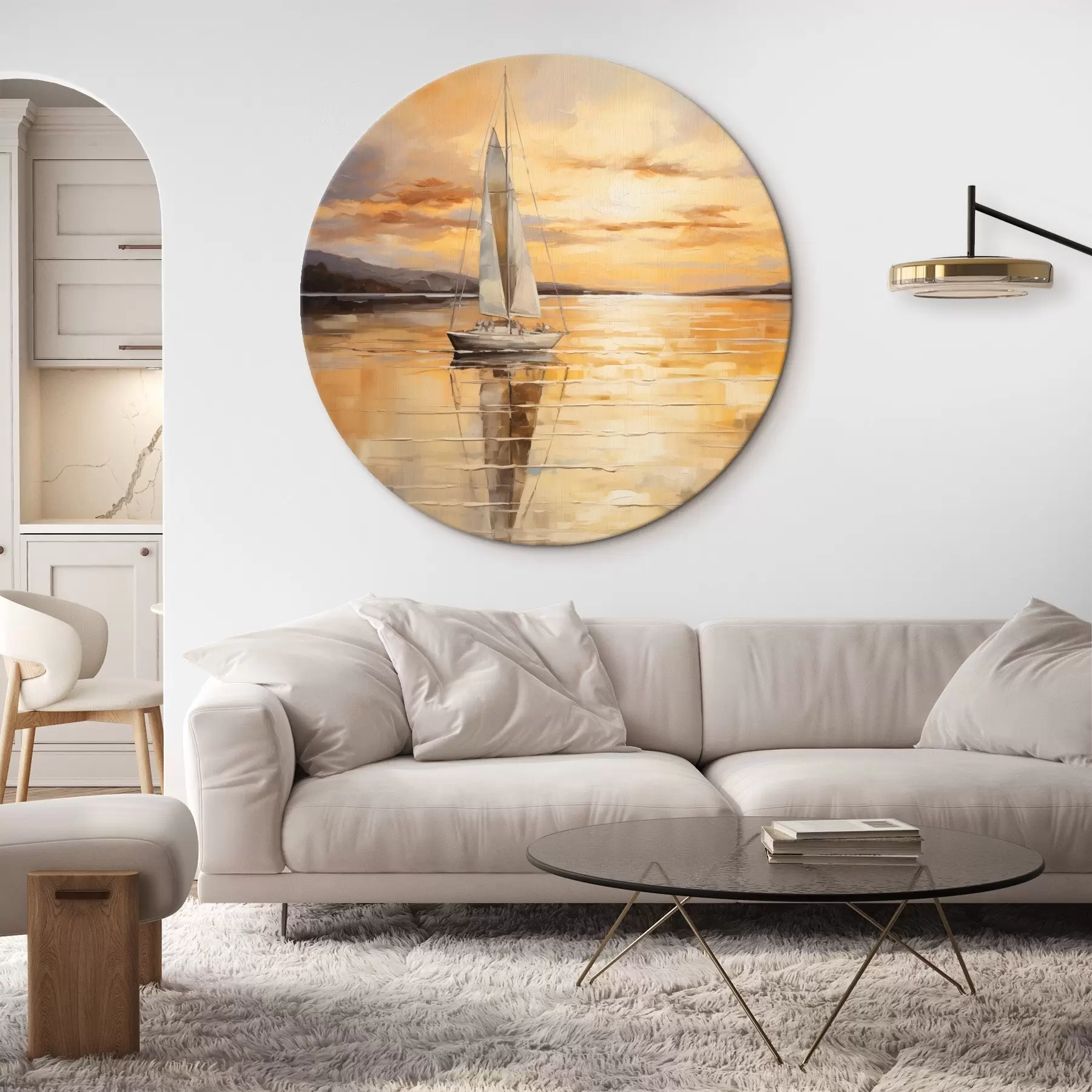 Wandbilder Landschaftsgemälde mit einem Segelboot auf ruhiger See, orange-gelbem Himmel und fernen Bergen r43169